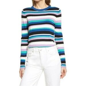 Halogen Crewneck Long Sleeve Sweater Ringer Button Cuff Lavender Multi Stripe